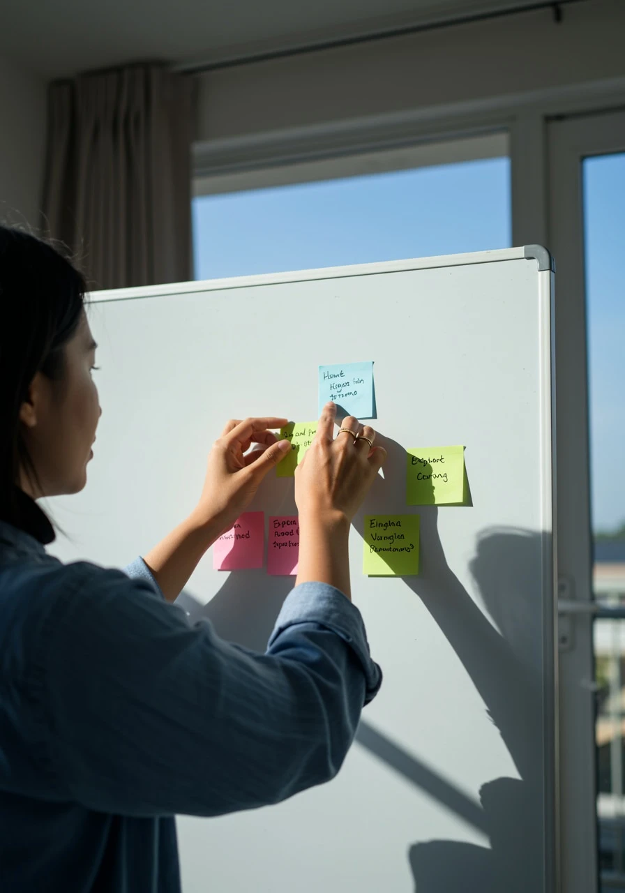 Frau sortiert farbige Notizzettel an einem Whiteboard zur Strukturierung ihrer Gedanken.