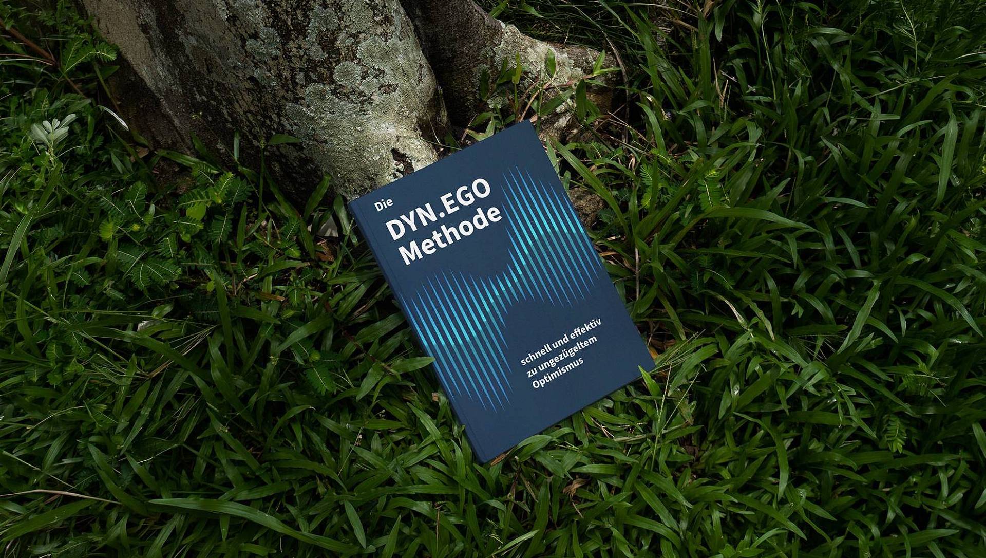 DYN.EGO Methodenbuch liegt im grünen Gras neben einem Baumstamm in natürlicher Umgebung.